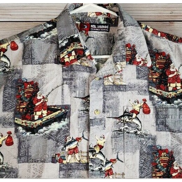 Reel Legends Santa Fishing‎ Riding Marlins Hawaiian Shirt XL pit to pit 26 in - Picture 3 of 6